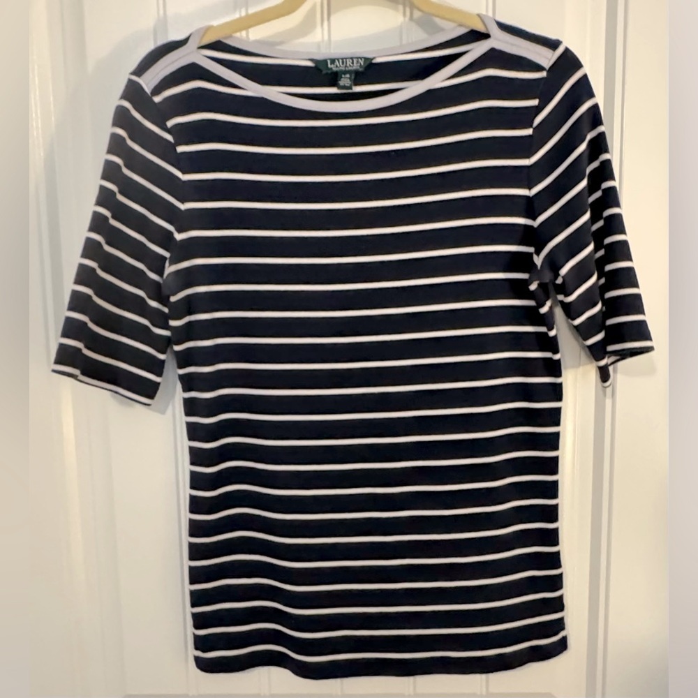 🛑 SOLD 🛑 LAUREN BY RALPH LAUREN blue/white stripe | LG Semi Half Sleeve